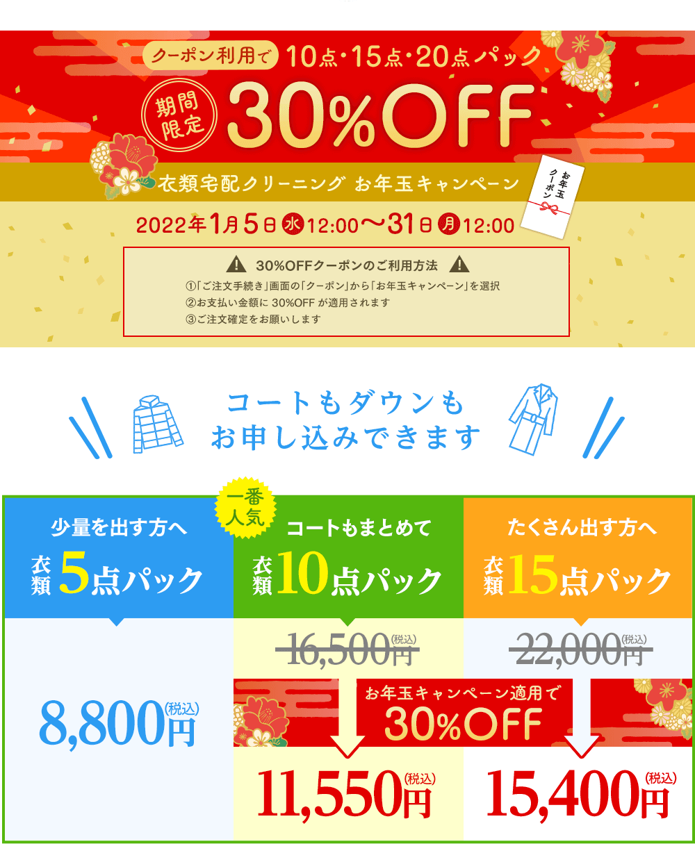 期間限定 クーポン利用で10点・15点・20点パック30%OFF 衣類宅配クリーニング お年玉キャンペーン 2022年1月5日(水)12:00~31日(月)12:00 30%OFFクーポンのご利用方法 ①「ご注文手続き」画面の「クーポン」から「お年玉キャンペーン」を選択 ②お支払い金額に30%OFFが適用されます ③ご注文確定をお願いします
コートもダウンもお申し込みできます。衣類5点パック 8,800円(税込)/衣類10点パック(お年玉キャンペーン適用で30%OFF)11,550円(税込)/衣類15点パック(お年玉キャンペーン適用で30%OFF)15,400円(税込)