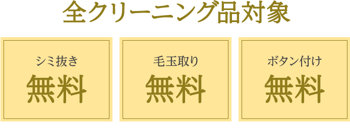 全クリーニング品対象 シミ抜き無料 オーガニック・サーキュラー対応オプション無料 毛玉取り無料 ボタン付け無料