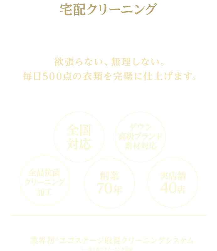  宅配クリーニング正直なクリーニング屋　欲張らない、無理しない。毎日500点の衣類を完璧に仕上げます。全国対応、カシミヤ・モヘア・アンゴラ・シルク等デリケート素材品対応、全品抗菌クリーニング加工、創業70年、実店舗40店。業界初エコステージ取得クリーニングシステム